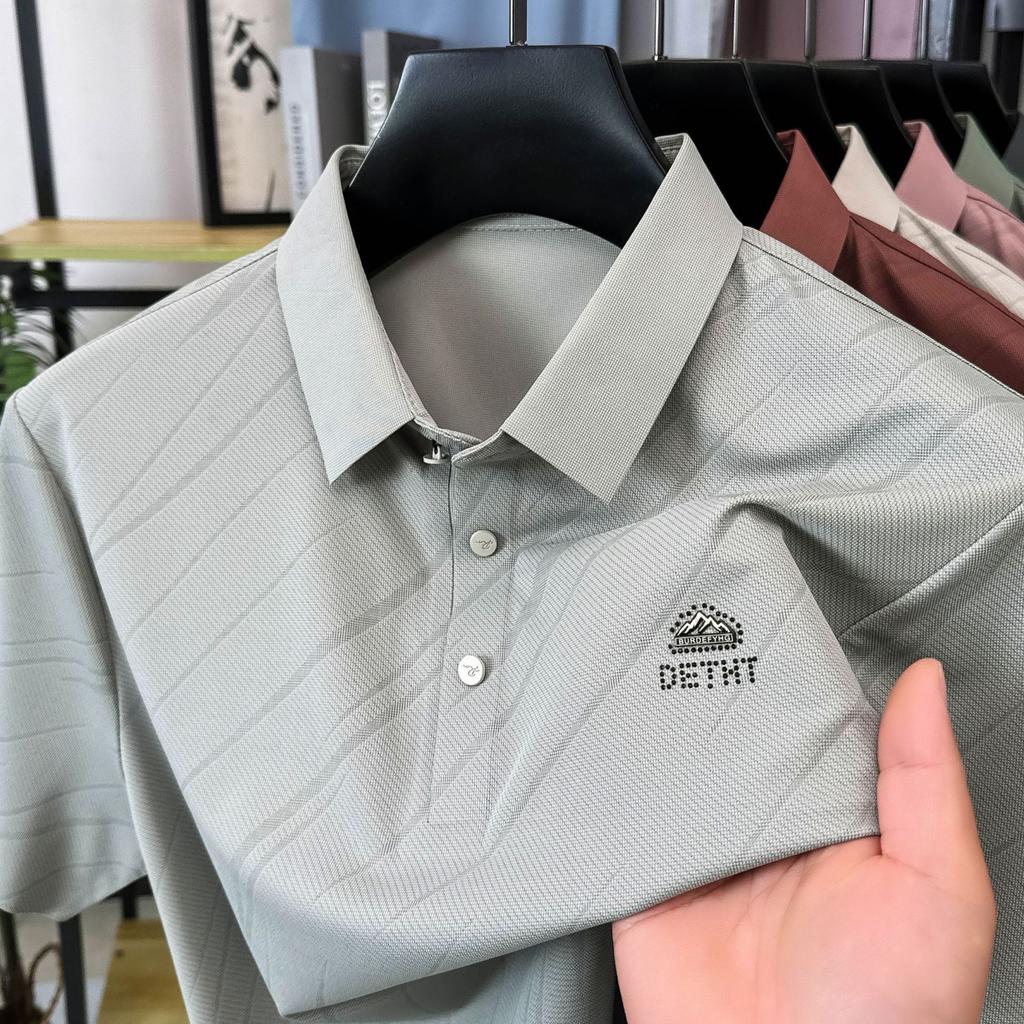 Pánské pulovrové tričko s klopou z ledového hedvábí s krátkým rukávem, trendy polokošile, ležérní top pro otce