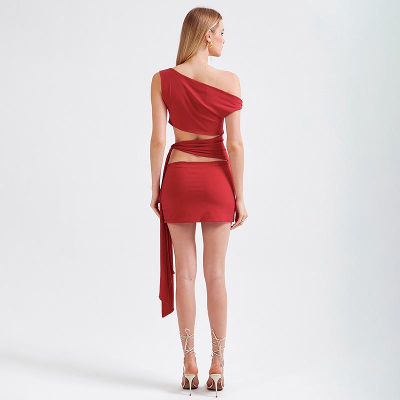 Irregular Diagonal Collar Waist Hollow Dress