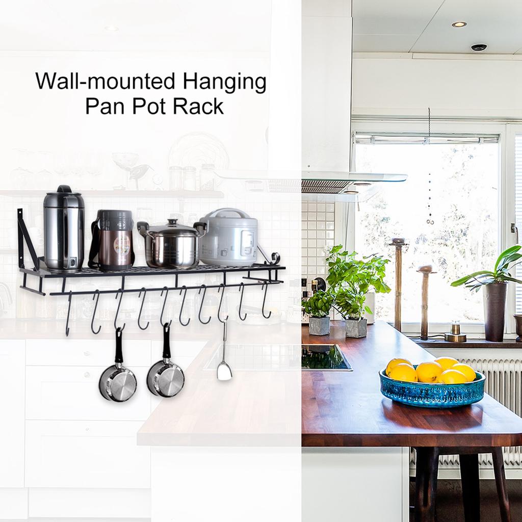 Metal Hanging Pan Pot Rack Wall Mounted with 10 Hook Holders Kitchen Storage Organizer