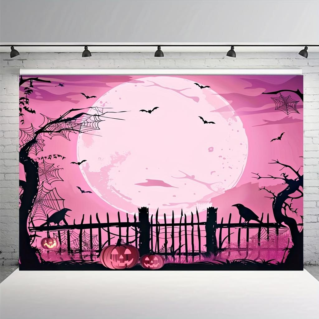 Halloween Moonlight Night Party - Large Pumpkin and Witch-Castle Horror House Design Polyester Background Fabric.PMJ