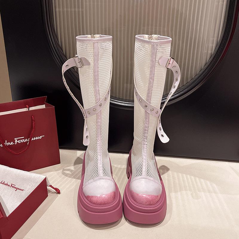 

But knee mesh boots women s summer thin breathable hollow cool boots leather thick-soled heel high knight boots 40
