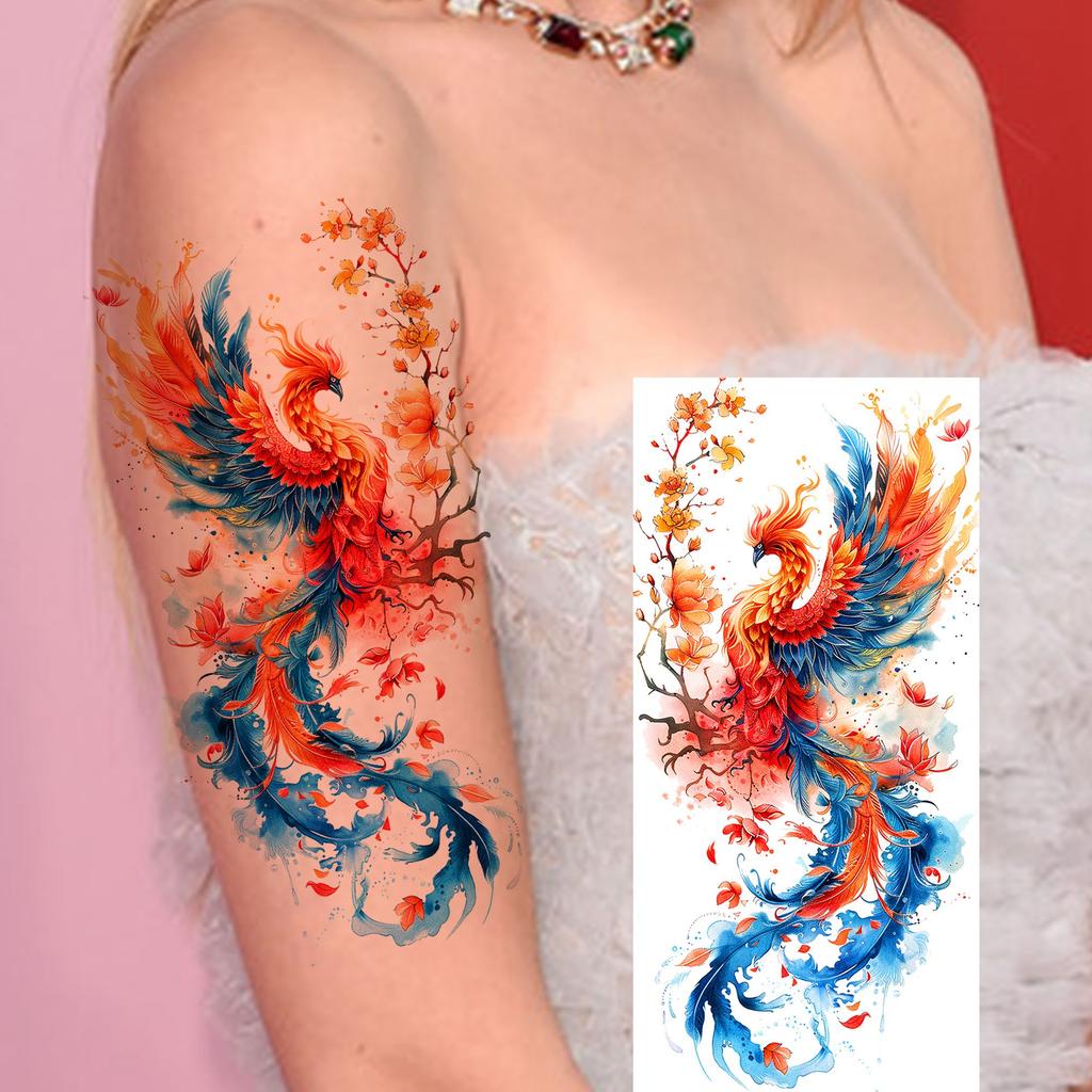 1 Sheet Phoenix Watercolor Temporary Tattoos For Women Girls Fake Covers Up Water Transfer Tattoo Sticker Adults Arm Waist Thigh