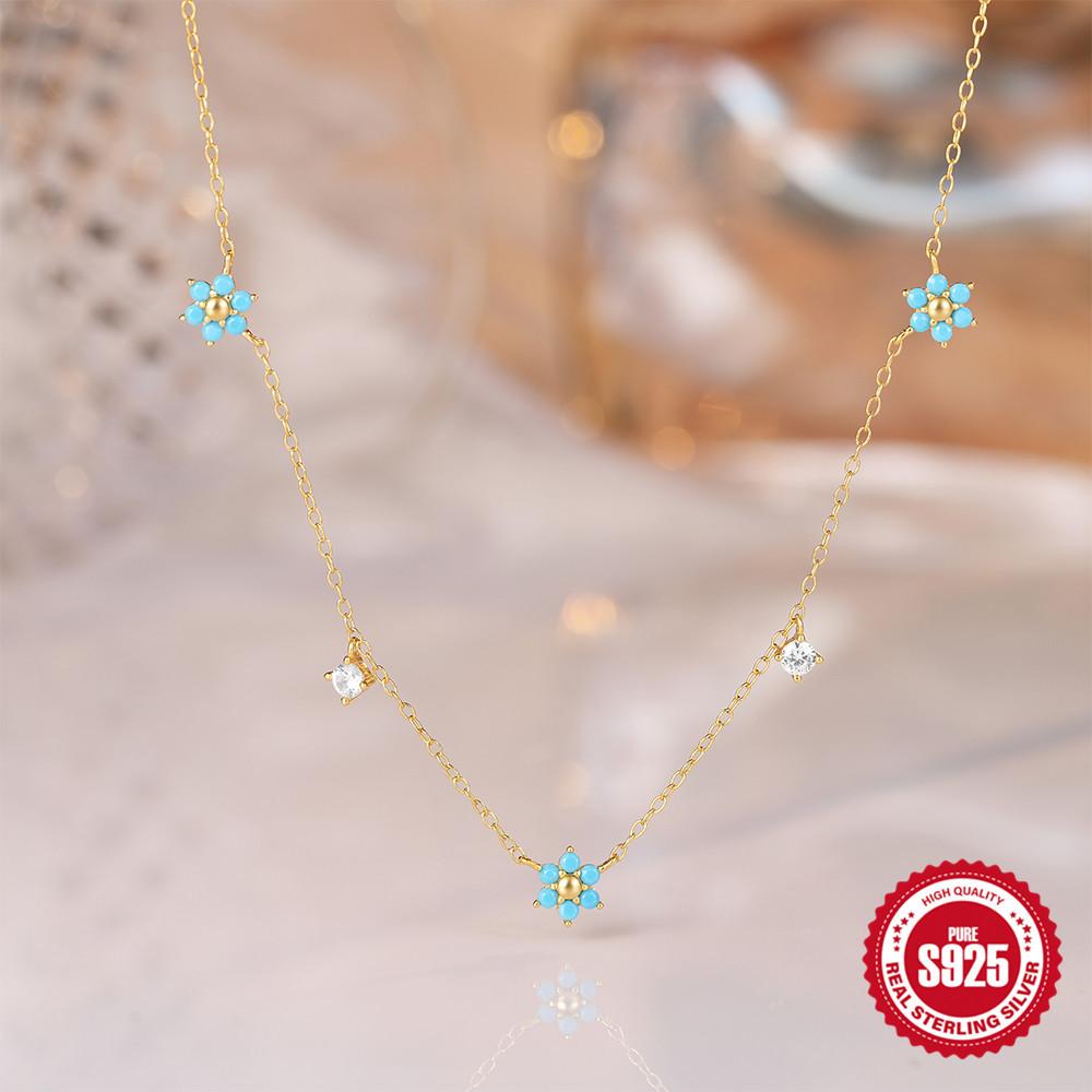 Turquoise Flowers With Diamonds Stacked Necklace Women'S Popular Simple Neck Chain Collarbone Chain