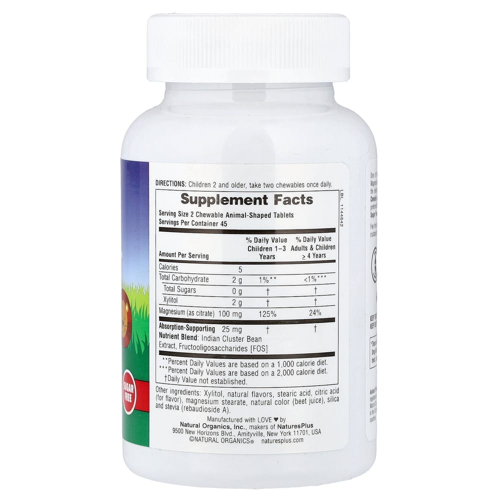 NaturesPlus MagKidz Animal Parade Children's Chewable Magnesium, Cherry Flavor, Animal Shape, 90 Tablets