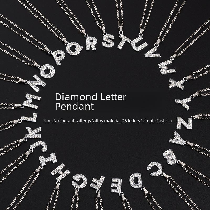 European & American Diamond Letter Pendant Necklace for Women - Stainless Steel Jewelry