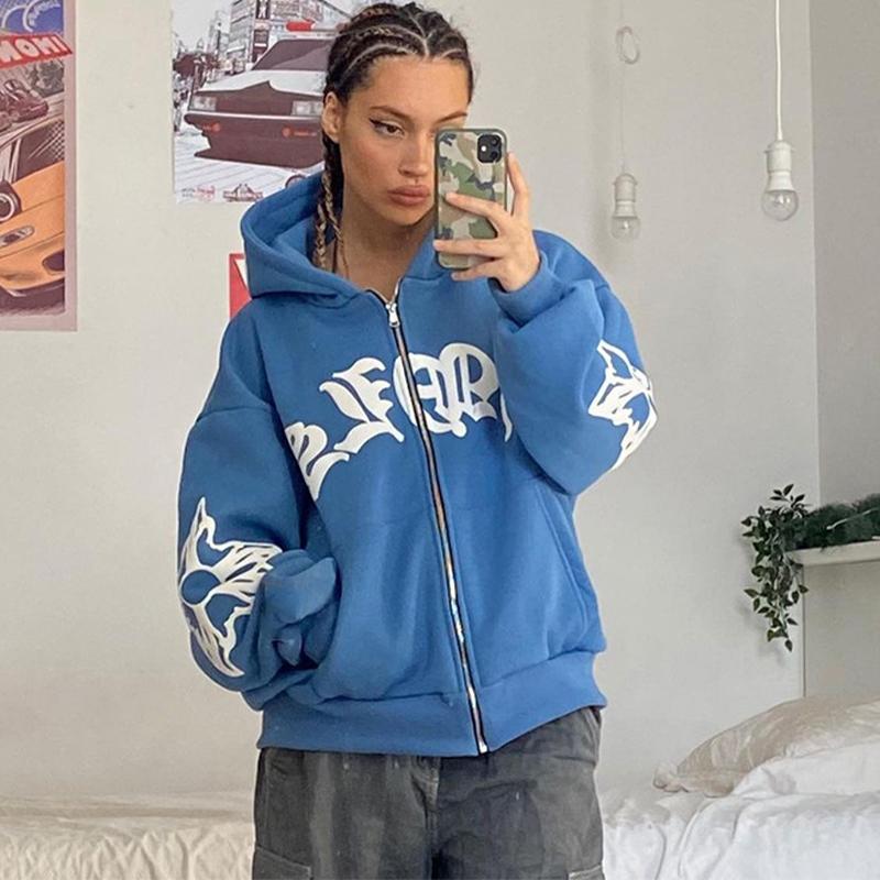 Women's Sweatshirt Fashion Loose Hoodie Letter Zipper Top Casual Jacket
