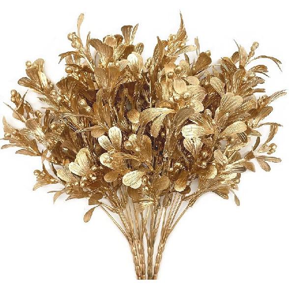 PASYOU Fake Leaves Plants for Christmas Decor, Gold Artificial Shrubs Grass Foliage Plastic Bulk Leaf Indoor Outdoor Home Garden Party Hotel Verandah