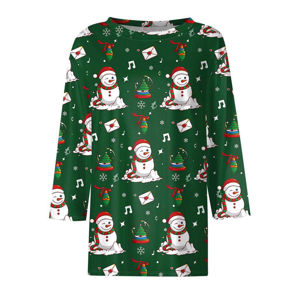 Damen Oberteile Siebenarmshirt Rundhalsausschnitt Locker Weihnachten Schneemann Weihnachtsbaum Bedrucktes T-Shirt