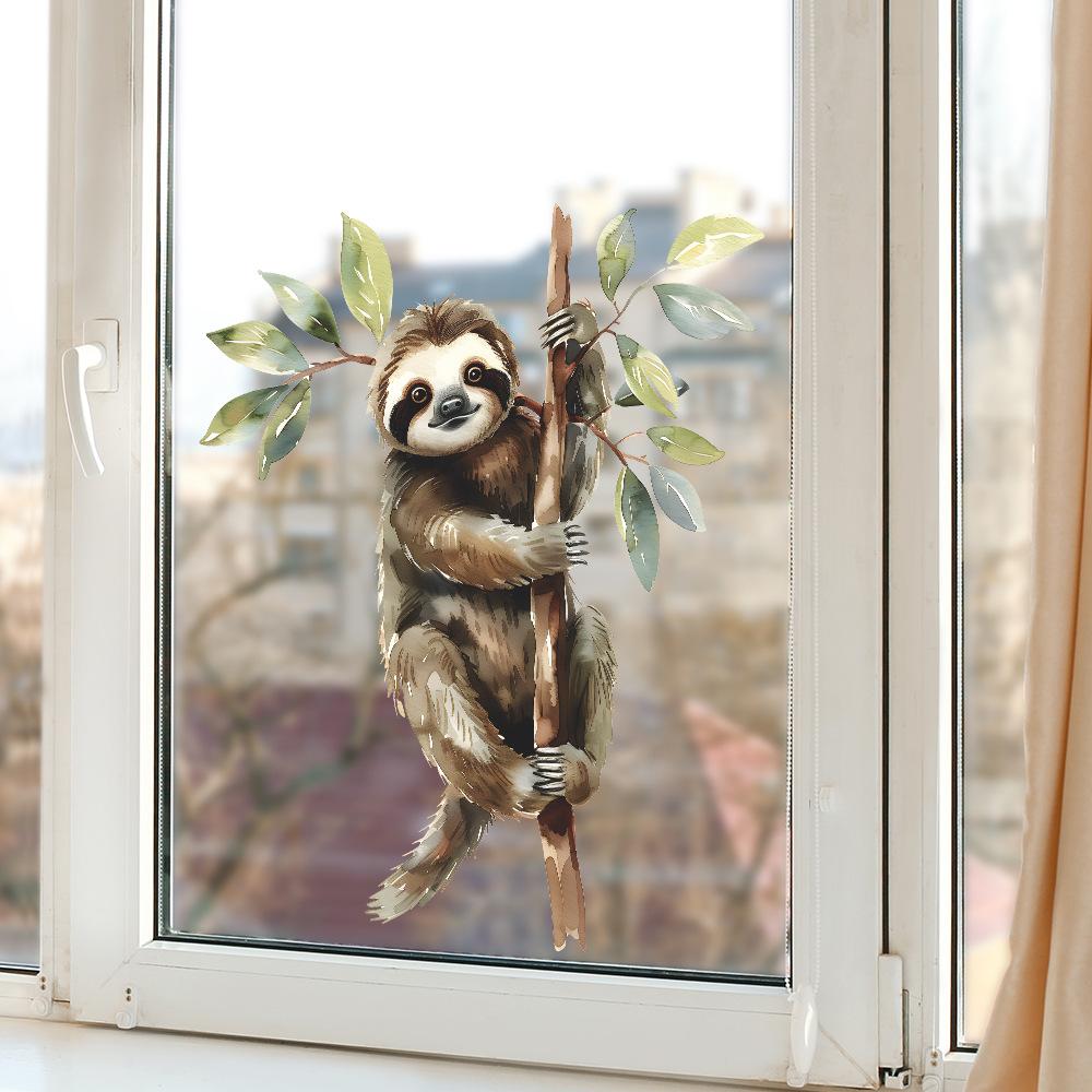 Cartoon Sloth Climbing Tree Static Cling UV Window Sticker for Glass Door Home Decor