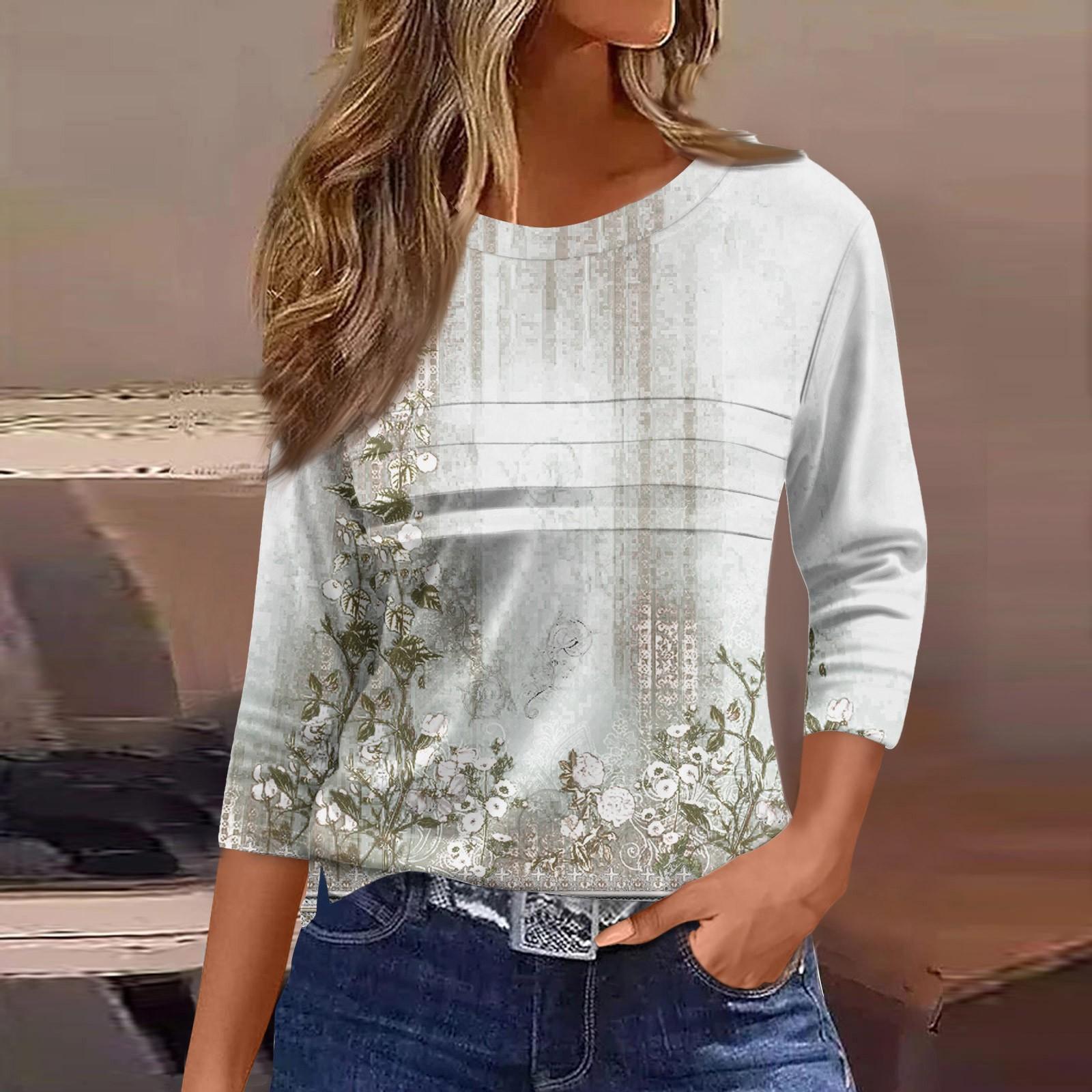 

Женская мода повседневный свободный топ с рукавом 3/4 и цветочным принтом с круглым вырезом XXL белый