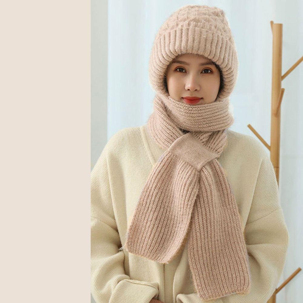 Windproof Hat Scarf Set Neck Warmer Knitted Hat  Scarf Fashion Integrated Ear Protection Cap  Woman