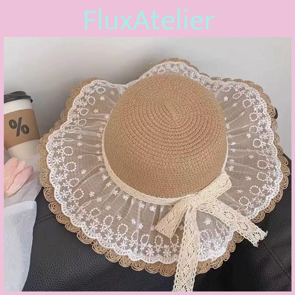 Straw Woven Summer Hat With Wide Brim And Lace Bow Decoration For Daily Wear