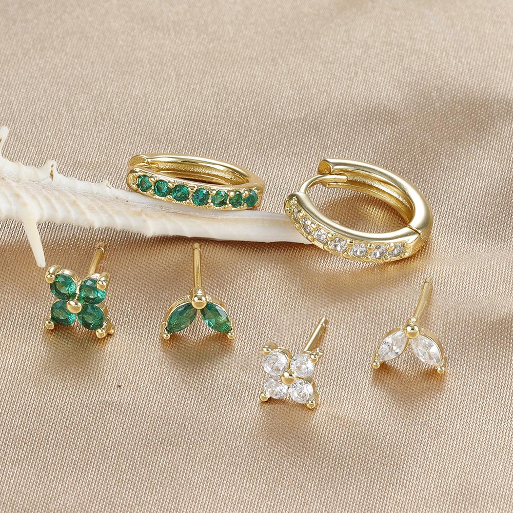 3-teiliges Set aus minimalistischen Creolen aus Edelstahl für Frauen, 10 mm, grüner Zirkonia, Blumenohrstecker, hypoallergener Modeschmuck