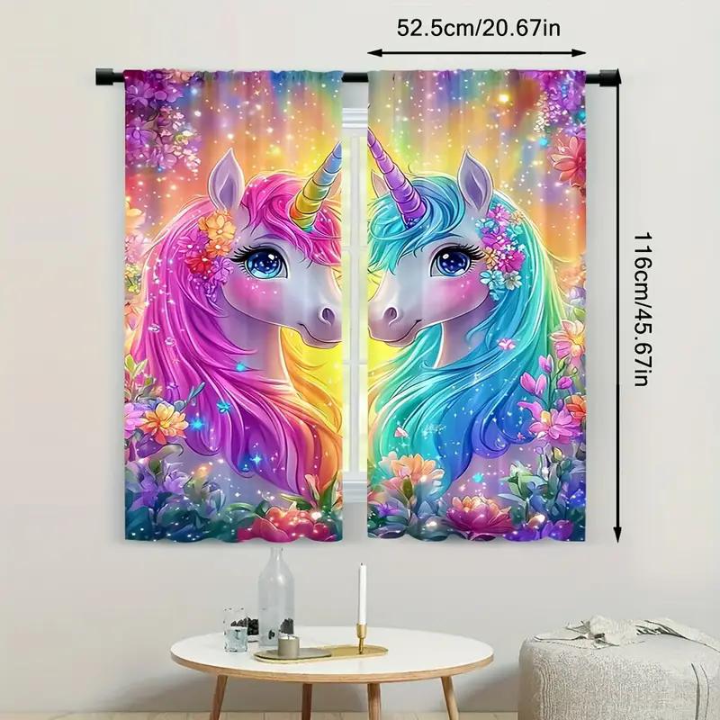 2 Stück - Magische Einhorn-Blumenmuster-Vorhänge   Stangentaschen-Vorhänge   Schlafzimmer und Wohnzimmer   Heimdekoration   Raumdekoration
