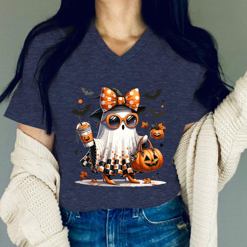 Halloween Cute Ghost Tshirt Women Halloween Pumpkin Retro Vintage T Shirts Women Fall Spooky Vneck Short Sleeve Tops Girls
