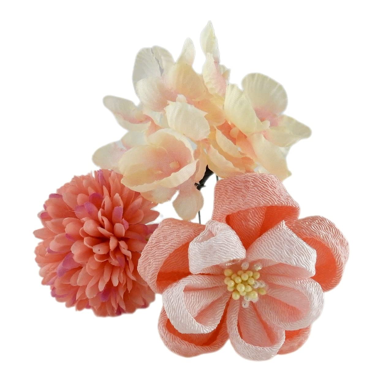 

Hair ornament set: Chirimen fabric, tsumami zaiku (folded fabric flower) style, 3-piece U-pin set, floral design, perfect for weddings, kimonos,
