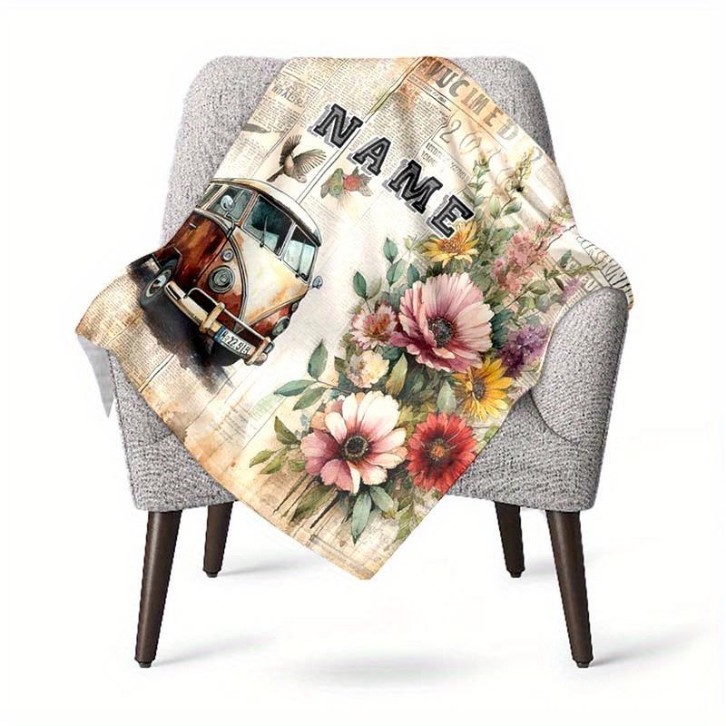 Bus And Flowers Customize Your Name Blanket Used For Chair Office Sofa Bed Camping Soft And Warm Giving Friends And Relatives Birthday Graduation Gift