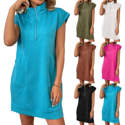 Women's Color Lapel Zipper Pocket Loose Straight Tube Dress