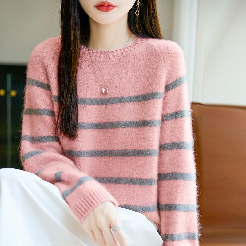 Women Sweater 100% Wool MODERN NEW SAGA O-neck Stripe Knit Pullover Thick Winter Jumpers Female Knit Tops