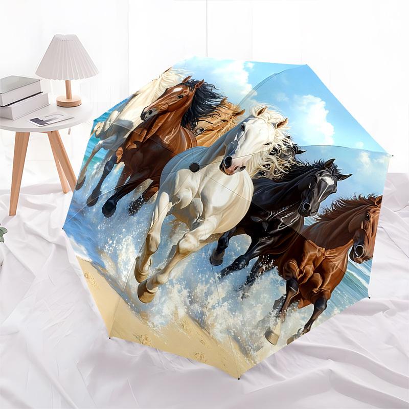 Horses,Beach Automatic Folding Umbrella Compact 8 rib Design,Unique Style,Suitable for Everyday Outdoor Use,Perfect Gift for Friends a