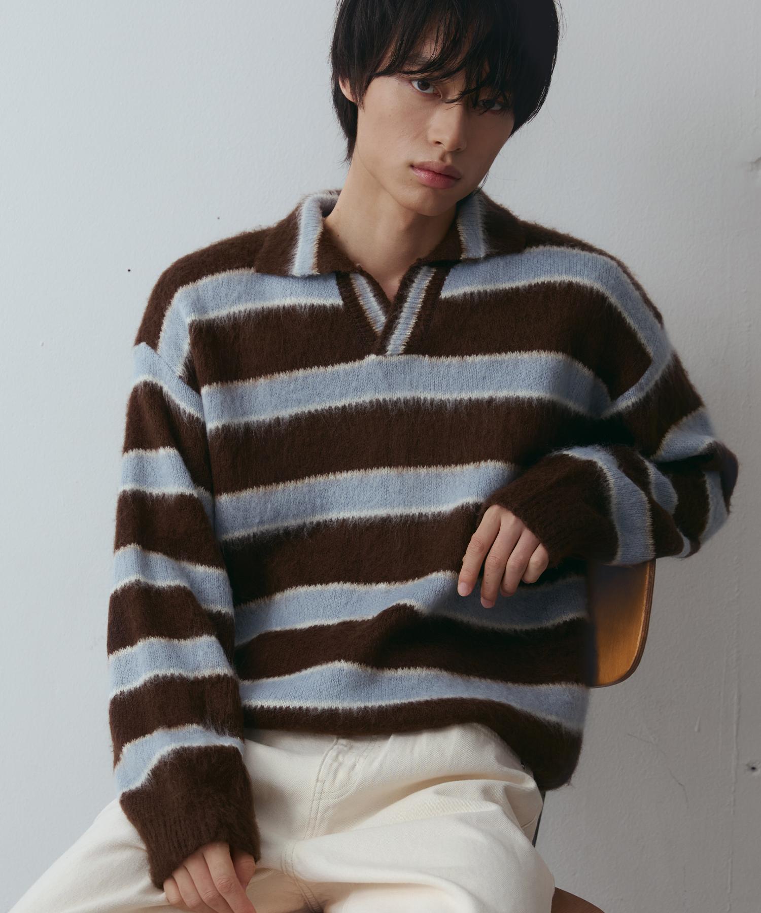 Nod You Open Collar Striped Brush Knit [Brown] M