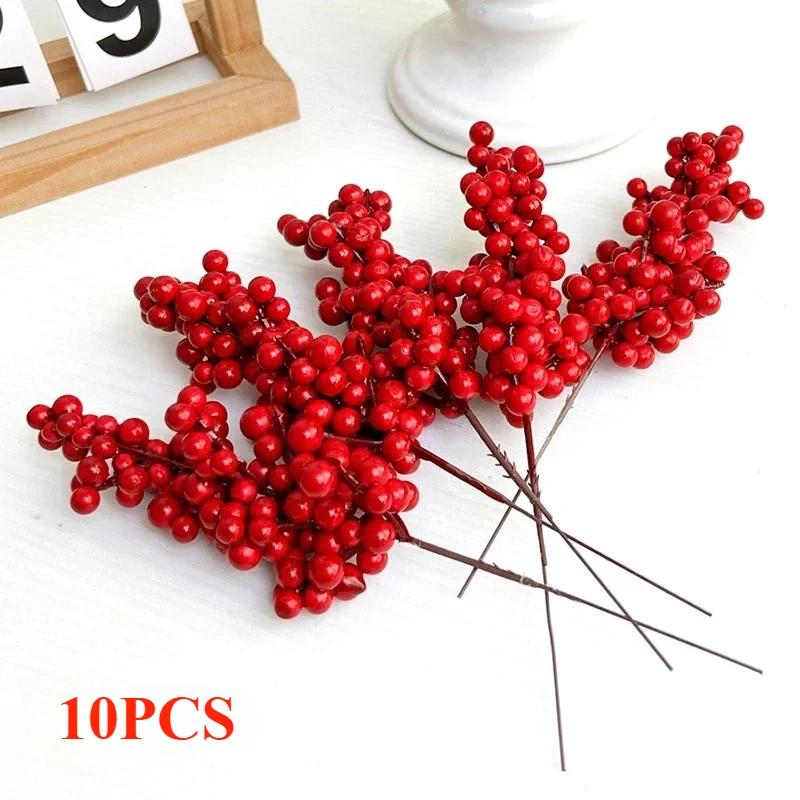 Christmas Red Berry Branches Artificial Holly Berries Stamen Fake Flowers Plants Ornaments for New Year Party Home Decor Gifts