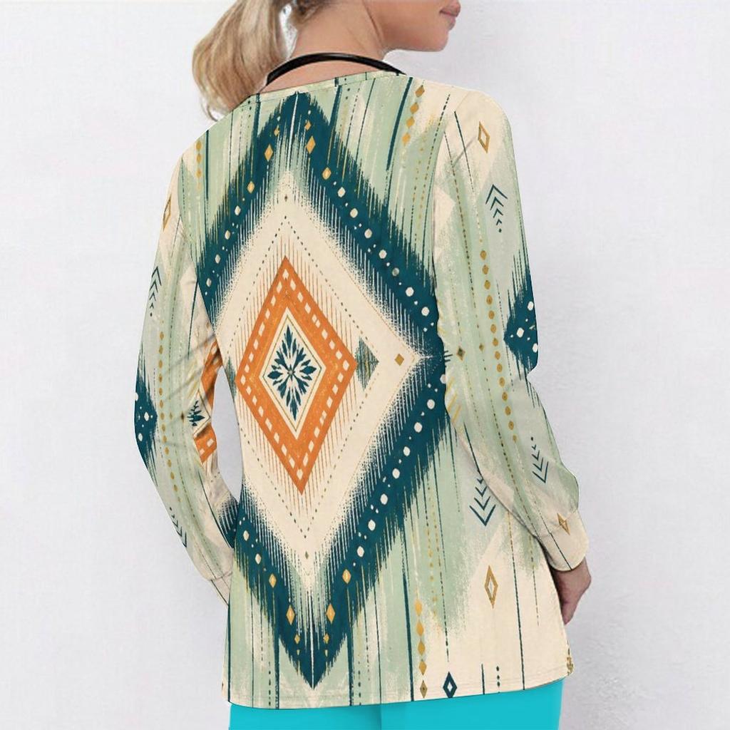 Women Plus Size Geometric Printed Nurse Scrub Top V Neck Long Sleeve With Front Pockets