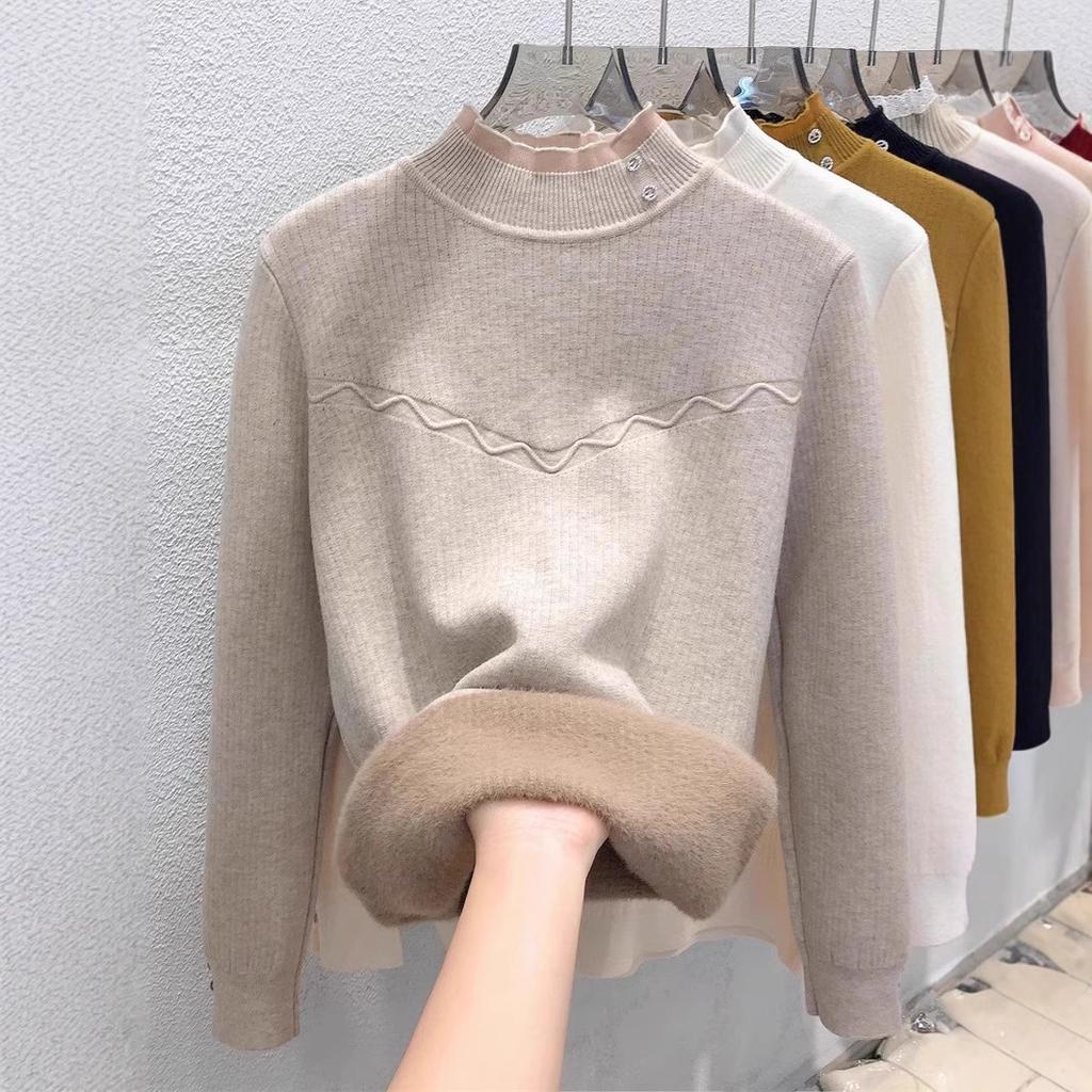 Women's Sweater Autumn/Winter Plush Warm Sweater Stylish Casual Half High Collar Knitted Sweater