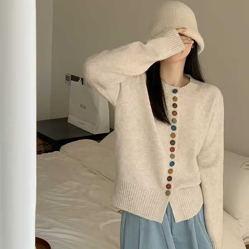 Women's Loose Lazy Colorful Button Round Neck Sweater Coat Autumn Winter Knitted Cardigan Versatile Top