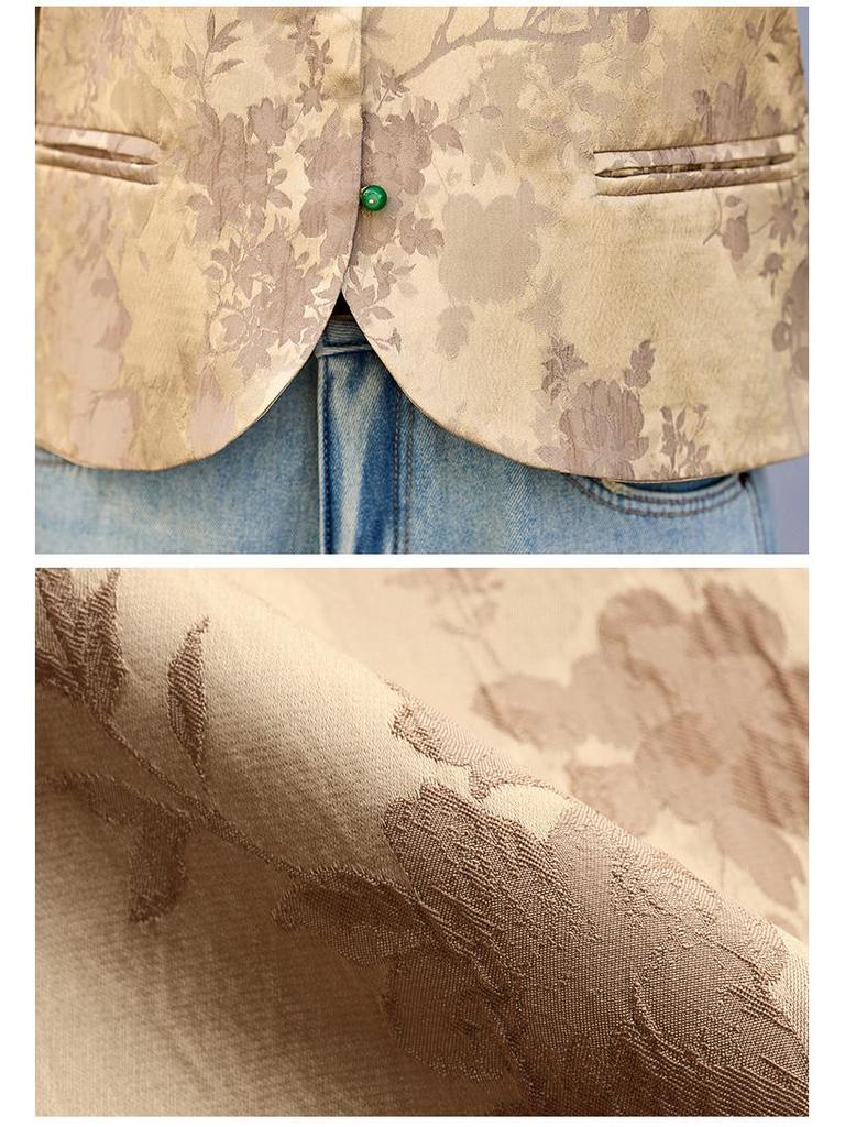 Spring 2025 Women's Slim Fit Colorblock Jacquard Jacket with Chinese Stand Collar & Retro Frog Buttons 