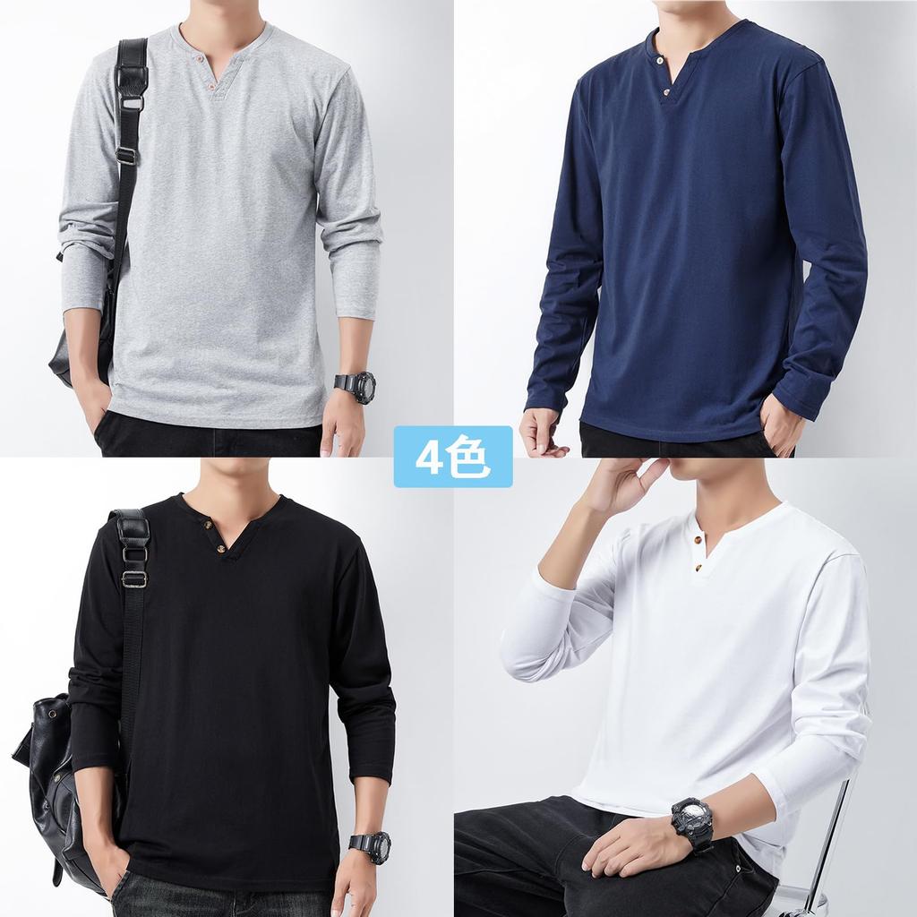 Hisitosa Long Sleeve Solid Henley Neck Long Men's T-Shirts, Fall, 3-Pack/4-Pack, 100% Cotton, Color, T-Shirt, Undershirt, V-Neck T-Shirt (JP,