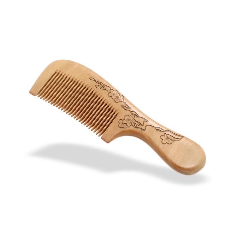 Peach Wood Carved Comb with Fine and Medium Teeth - Handleless, Floral Design