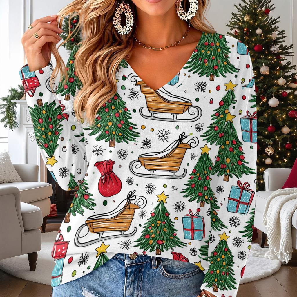 Women's V-Neck Long Sleeve Christmas Print Lightweight Blouse for Spring Summer