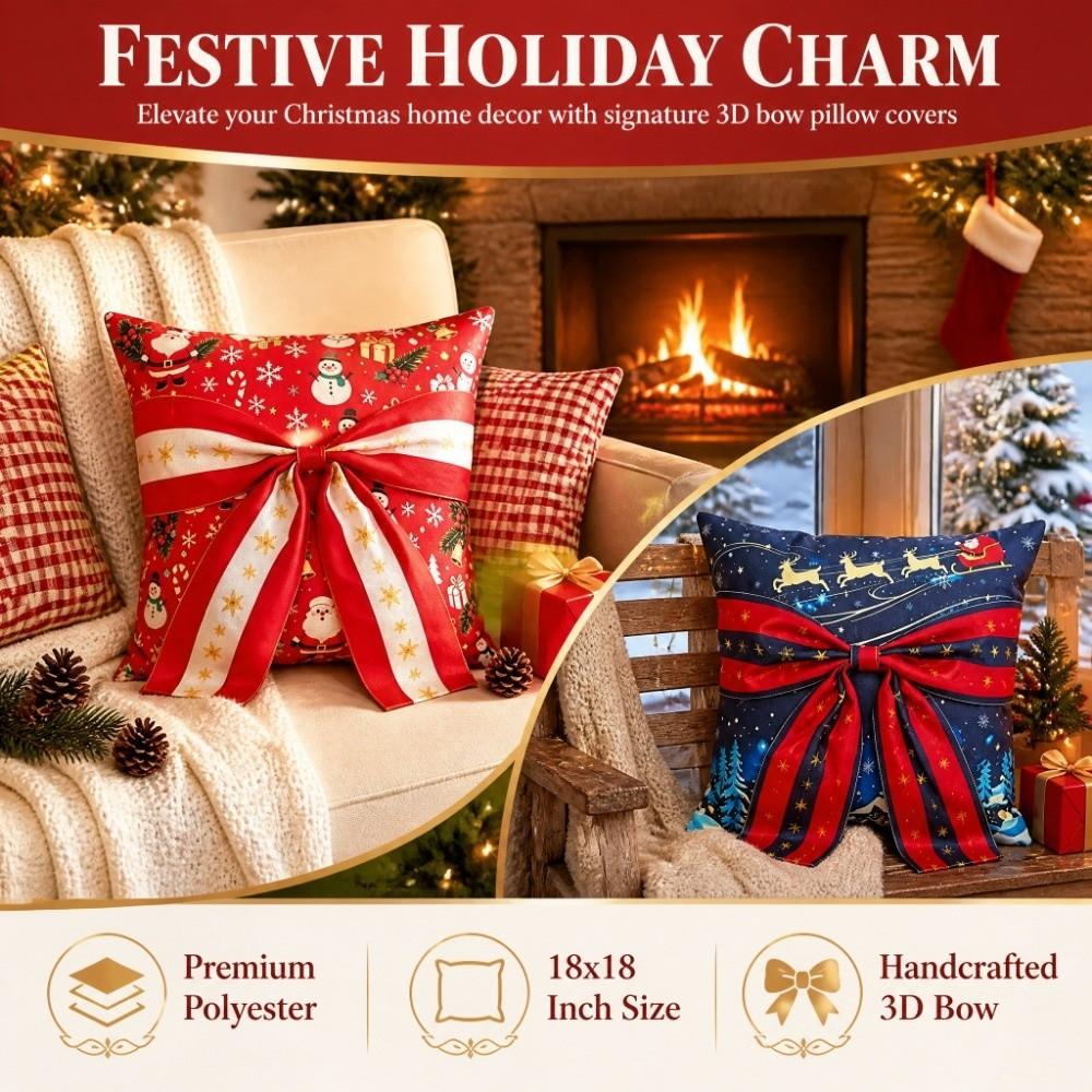 Bow Design Christmas Pillow Cover Snowflake Xmas Tree Pillowslip Sofa Pillow Cover  Holiday Cushion