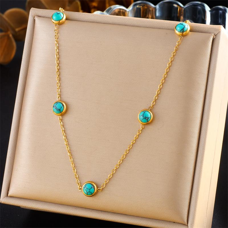 DIEYURO 316L Stainless Steel Turquoise Simplicity Golden Necklace Earrings For Women New Fashion Jewelry Set Party Gifts