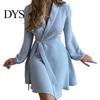 Slim Waist Dress Spring Fall Lady Women with Lace-up Tie Lapel V Neck Colorblock A-line Color Matching Coat Style Long Sleeves Commuting Business Mini