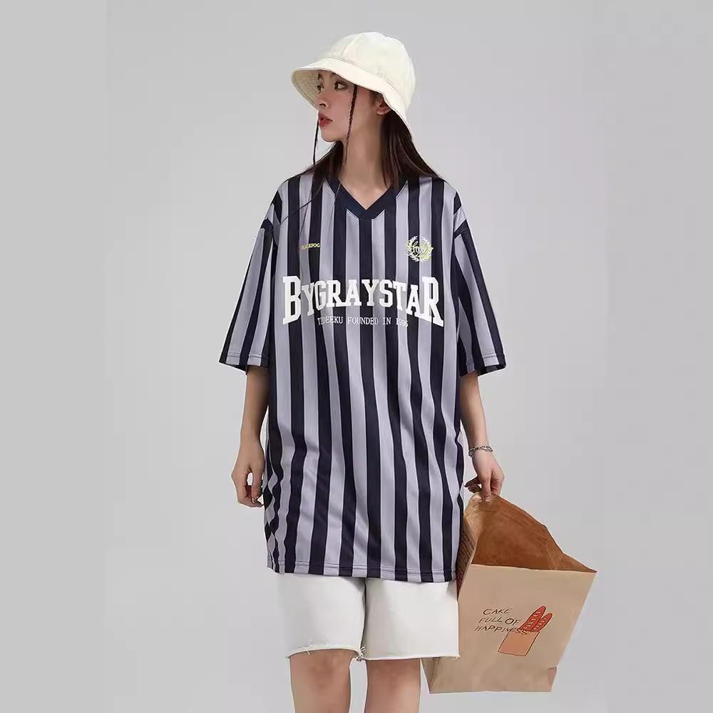 Unisex Street Sports Vertical Stripe V-neck T-shirt