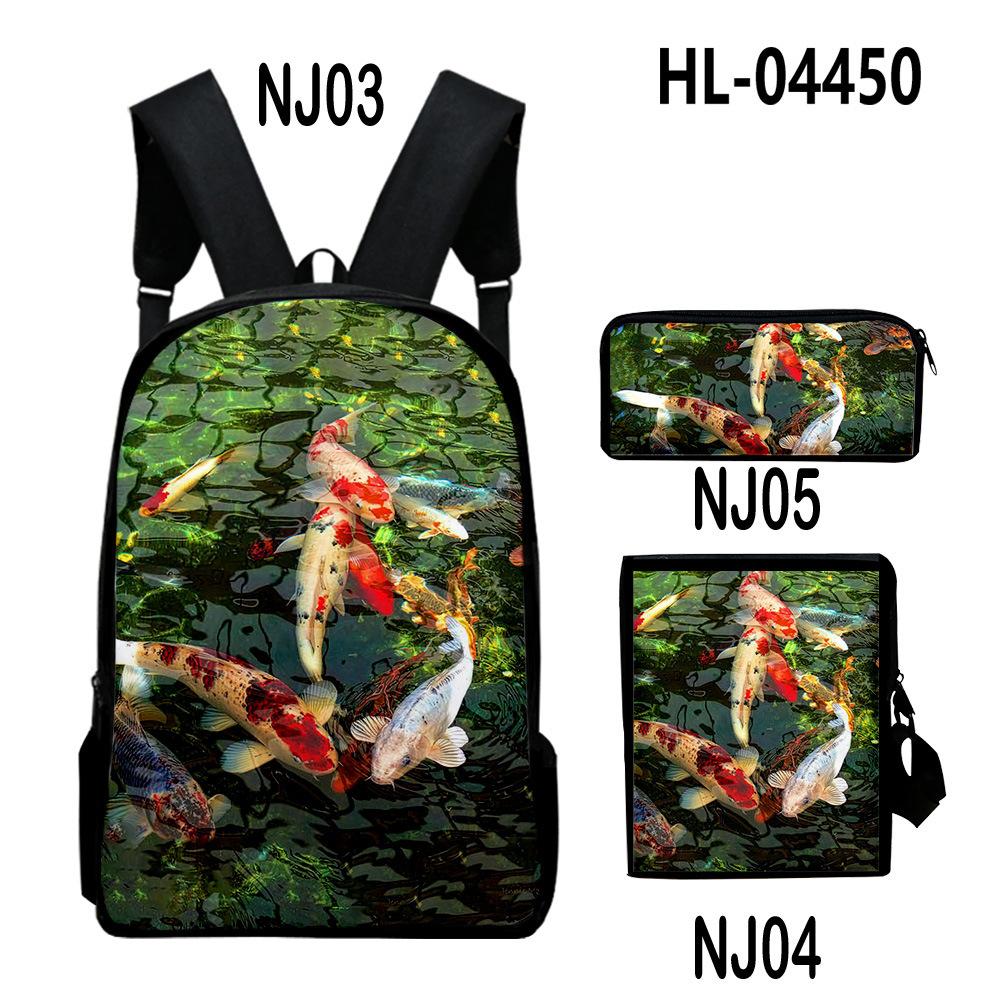 Classic Novelty Cool Koi Carp 3D Print 3pcs/Set Pupil School Bags Laptop Daypack Backpack Inclined Shoulder Bag Pencil Case