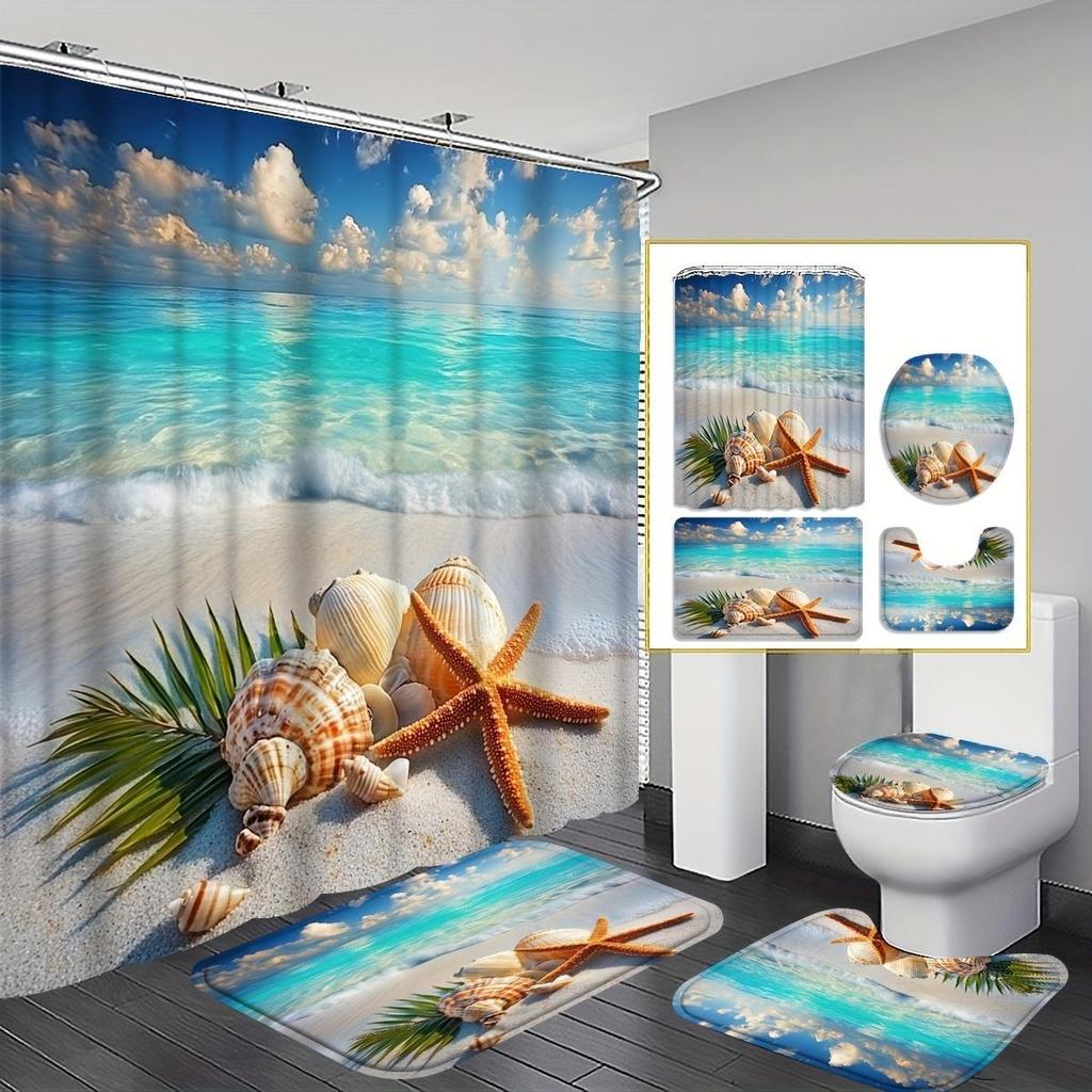 4Pcs Tropical Seashells Shower Curtain Set with Non-Slip Bath Mat, Toilet Lid Cover, Contour Rug & 12 Hooks, Bathroom Decor
