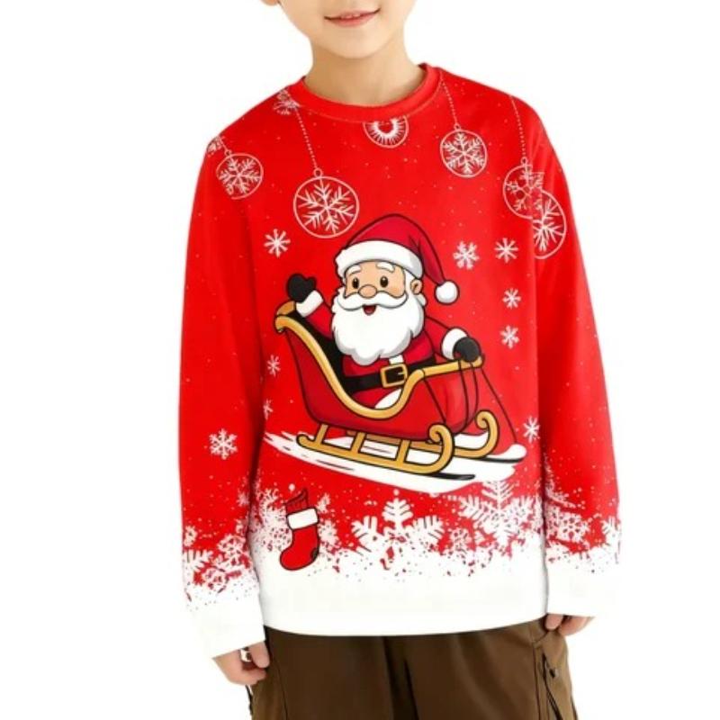 Children's Christmas Reindeer Print T-shirt Boys Cute Round Neck Long Sleeved Soft Comfortable Top