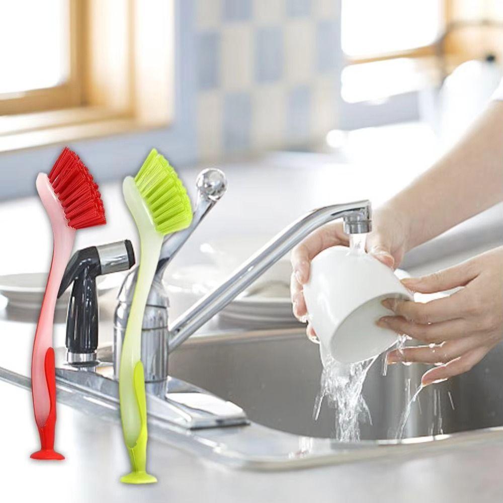 Suction Cup Dishwashing Brush Vertical Tool Brush Durable Sink Cleaning Scrub  Kitchen