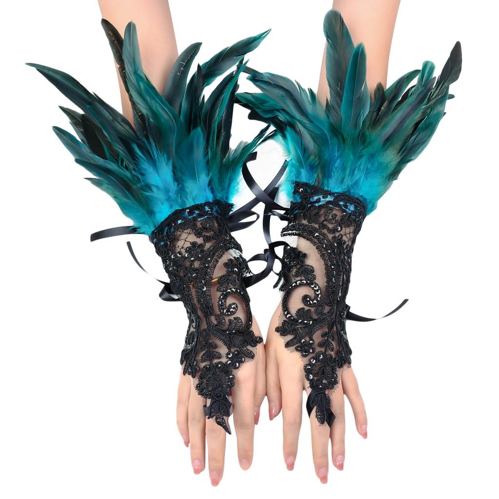 1 pair of Halloween feather fingerless gloves-black lace arm cuffs for parties and dance events