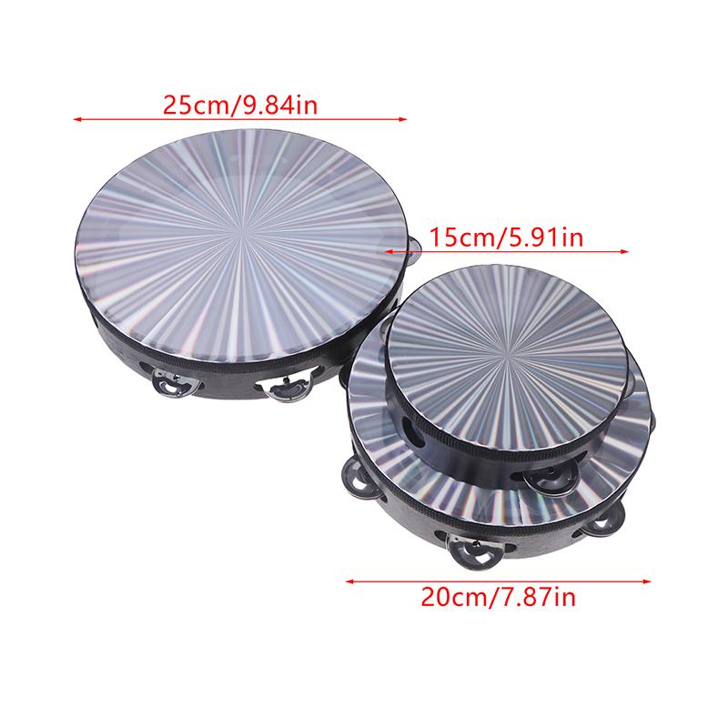 6/8/10 Inch Wooden Radiant Tambourine Handbell Hand Drum With Row Jingles Reflective Drum Head Musical Percussion Instrument