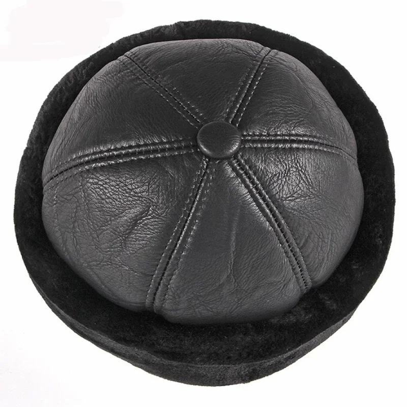 Winter PU Leather Warm Plush Hat Thickened Fur Splicing Leather Hat Retro Waterproof Old Man Hat Plush Warm Snow Windproof Hat