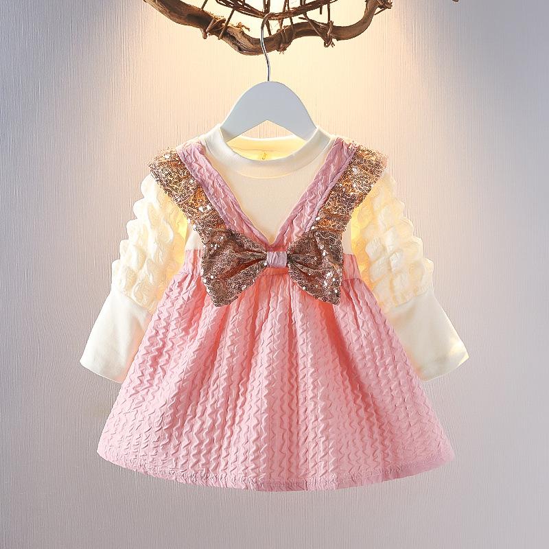 Spring Autumn Baby Girl Fake Two Piece Long Sleeve Dress 0-3 Years Old Infant Toddler Stylish Princess Dress 80cm