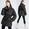 Winter Schlanker Damen Daunen Baumwollparka Knielang Kapuze Gürtel Mantel Gesteppte Jacke