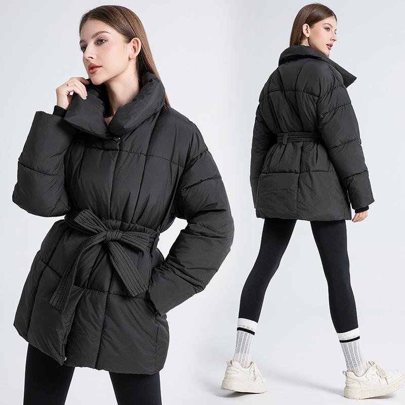 Winter Schlanker Damen Daunen Baumwollparka Knielang Kapuze Gürtel Mantel Gesteppte Jacke