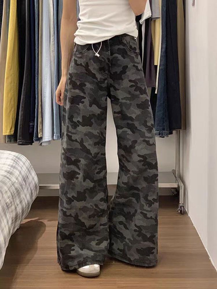 

Камуфляжные прямые джинсы женские осенние больших размеров закрывающие промежность волочащиеся по земле с высокой талией тонкие с широкими штанинами длинные брюки джинсы для женщин длинные джинсовые брюки 4XL