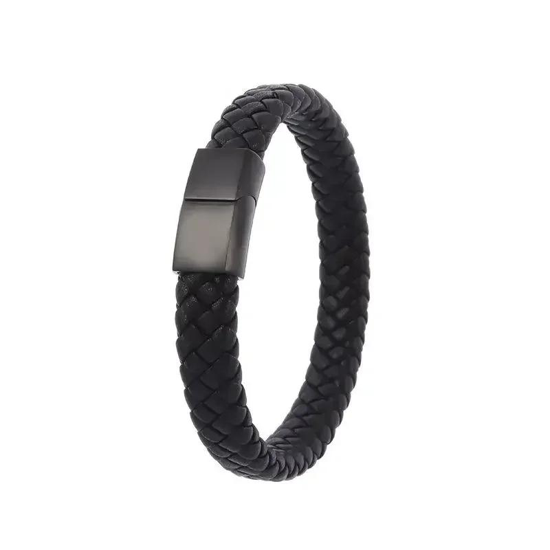 Vintage Handwoven Black Leather Bracelet with High Quality Metal Buckle Suitable for Men\'s Personalized Charm Wristband Jewelry