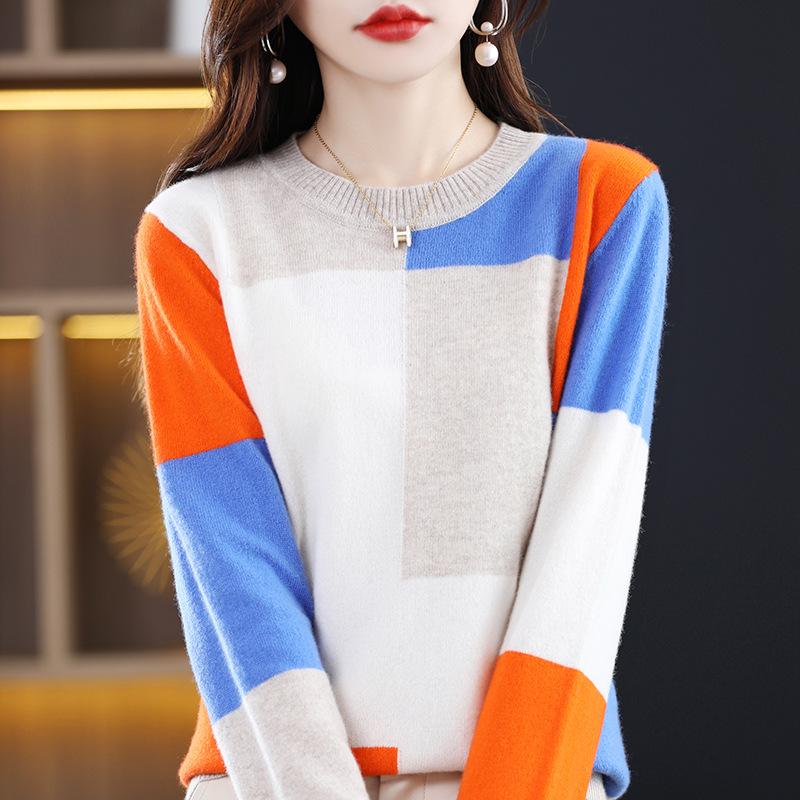 Women's 100% Pure Wool Patchwork Sweater - Round Neck Knitwear for Autumn/Winter 2025